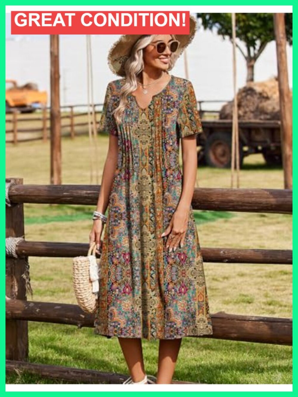 Casual Short Sleeve Pleated Midi Dress with Pockets Flowy Beach Sundress - Picture 4 of 6